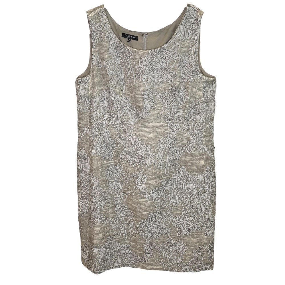 Lafayette 148 Sheath Dress Womens Silver Silk Blend Embroidered Size 16 ($898)